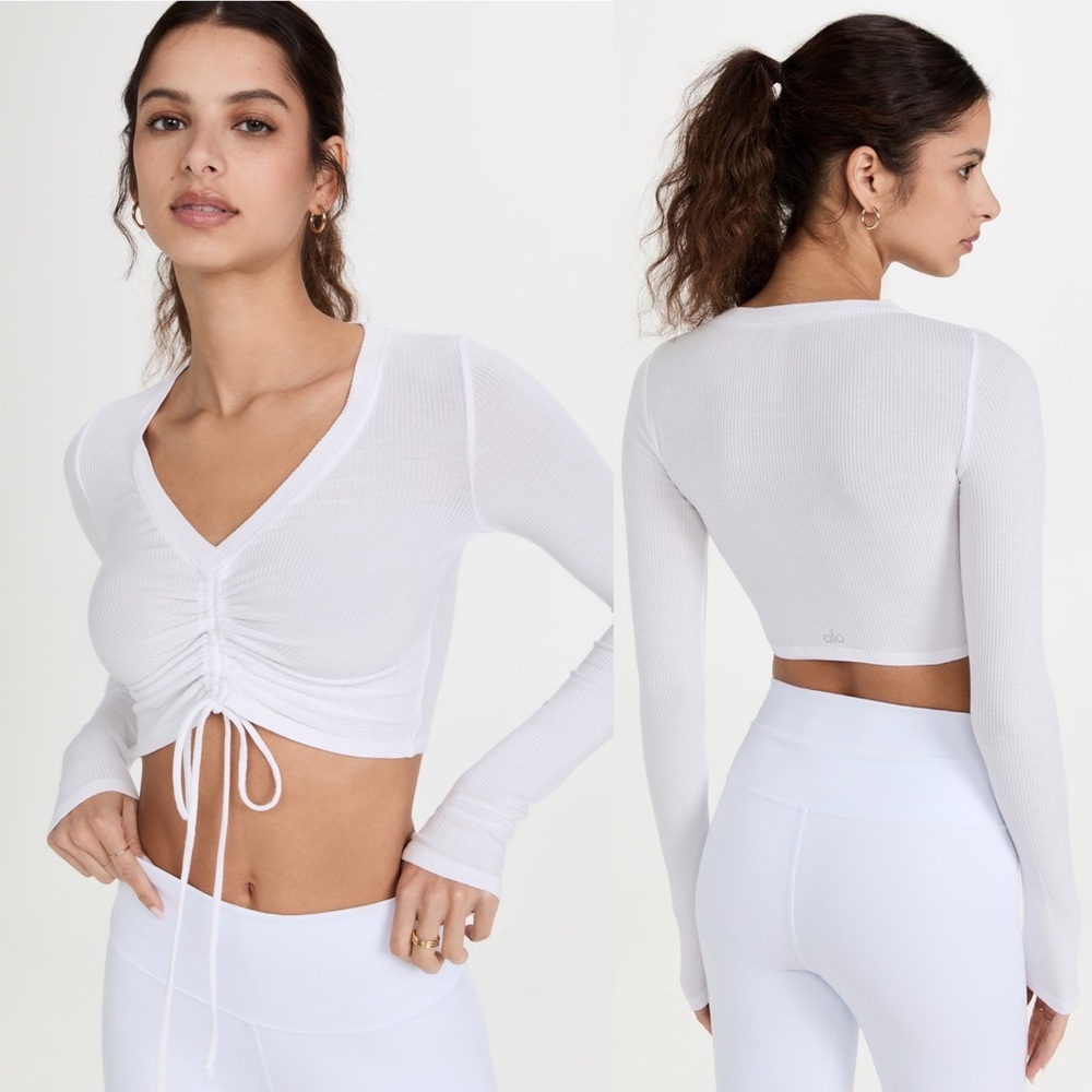 Alo Yoga Ribbed Cinch Cropped Long Sleeve Shirt White Sold Out Online Sz XS